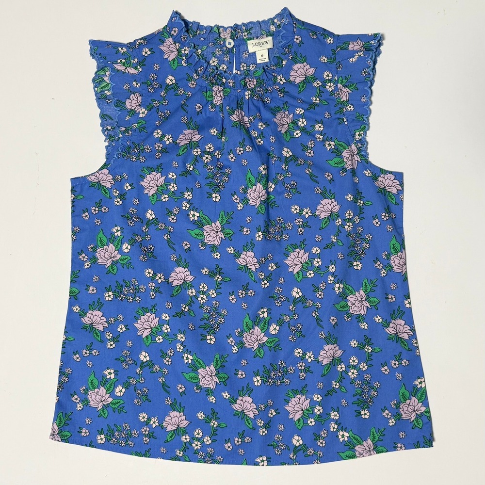 J.Crew Womens Blue Floral Ruffle High‎ Neck Flutter Sleeve Blouse Top Size S - Picture 16 of 16